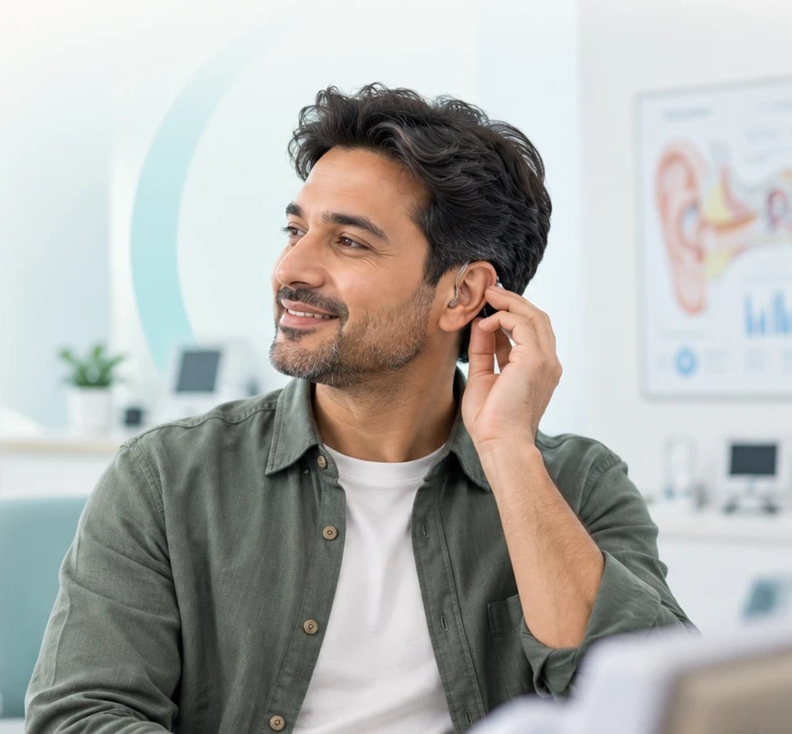 A smiling man touching the hearing aid behind his ear in a hearing clinic